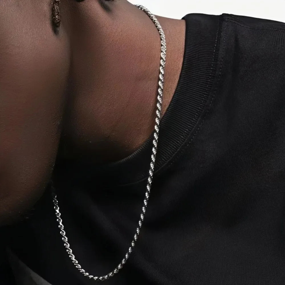 Hip Hop Men 925 Sterling Silver Twist Chain Necklace Spring Buckle Basic Necklace Simple Jewelry Fashion Women Accessories